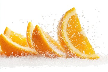 Natural peel and slices of juicy orange in sugar. Concept of health and proper nutrition