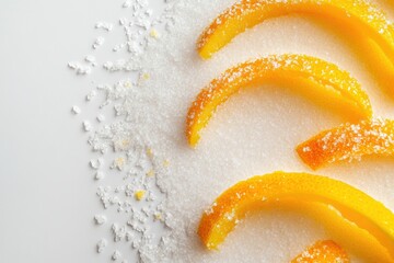Natural peel and slices of juicy orange in sugar. Concept of health and proper nutrition