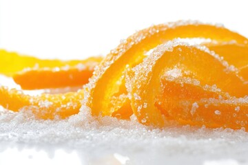 Natural peel and slices of juicy orange in sugar. Concept of health and proper nutrition