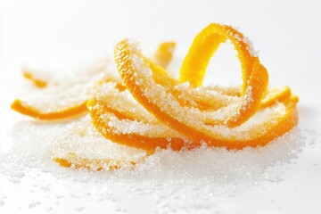 Natural peel and slices of juicy orange in sugar. Concept of health and proper nutrition