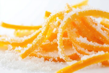 Natural peel and slices of juicy orange in sugar. Concept of health and proper nutrition