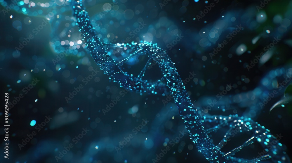 Poster a luminous double helix structure of dna shimmers against an abstract dark background, creating a se