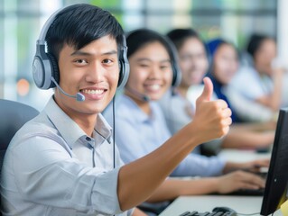 Young asian man customer service operator showing thumbs up in one hand while working with headsets in an open office together with his co-workers