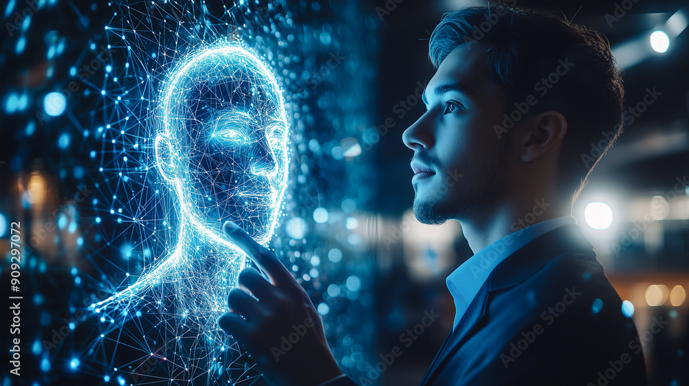 Poster a man interacts with a holographic human interface, highlighting advanced ai technology, innovation,