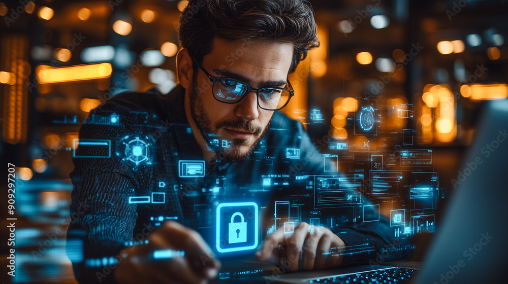 Poster focused man working on cybersecurity, interacting with a futuristic digital interface. the scene hig