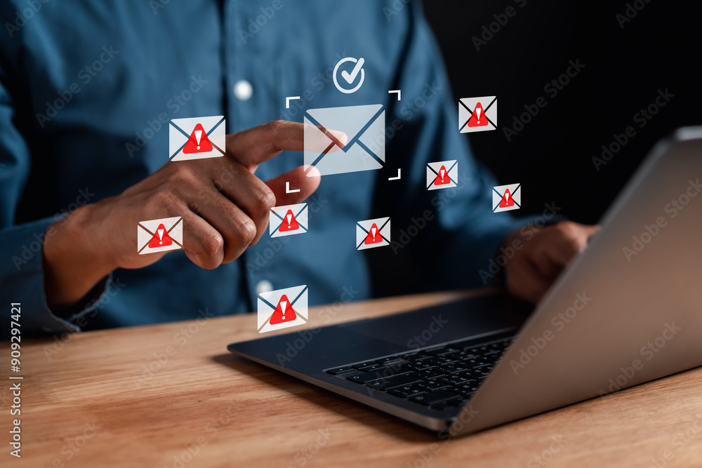 Poster Email Protection Security from Spam virus. Internet network, Secure data email, Security protection notification on internet letter security protect, junk and trash mail and compromised information.