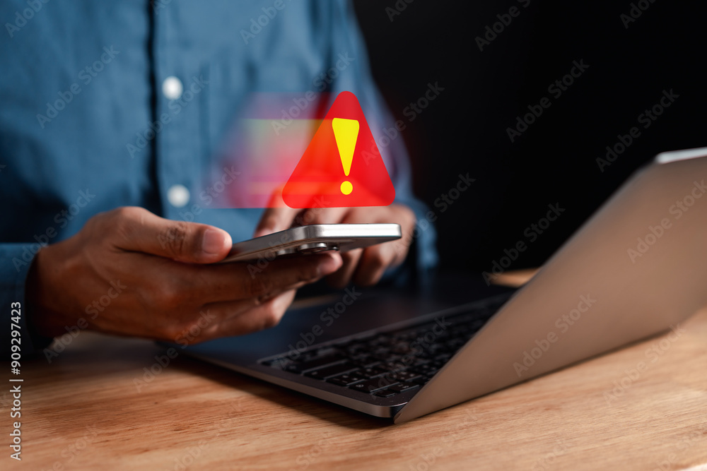 Poster System warning caution alert, scam virus attack on firewall for notification error and maintenance. Network security vulnerability, data breach, illegal connection and information danger.
