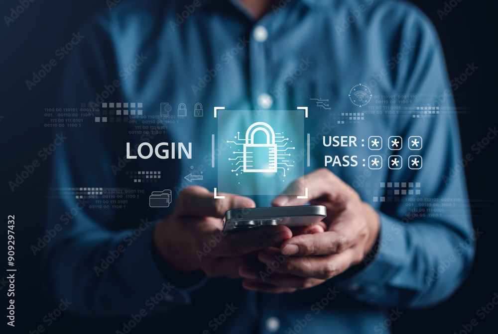 Fototapete Data protection with 2FA increases security. Log in with a username and password or OTP one time password, Security in online technology concept.