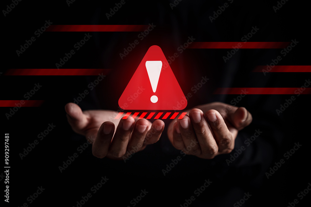 Poster System warning caution alert, scam virus attack on firewall for notification error and maintenance. Network security vulnerability, data breach, illegal connection and information danger.
