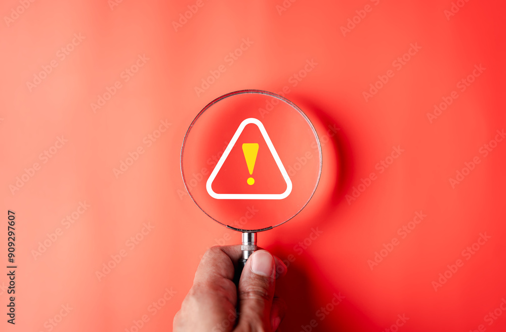 Poster System warning caution alert, scam virus attack on firewall for notification error and maintenance. Network security vulnerability, data breach, illegal connection and information danger.
