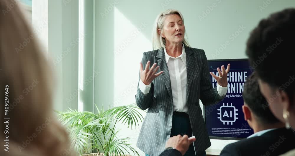 Poster seminar, pitch and woman with presentation in office for ai, development and business proposal. meet
