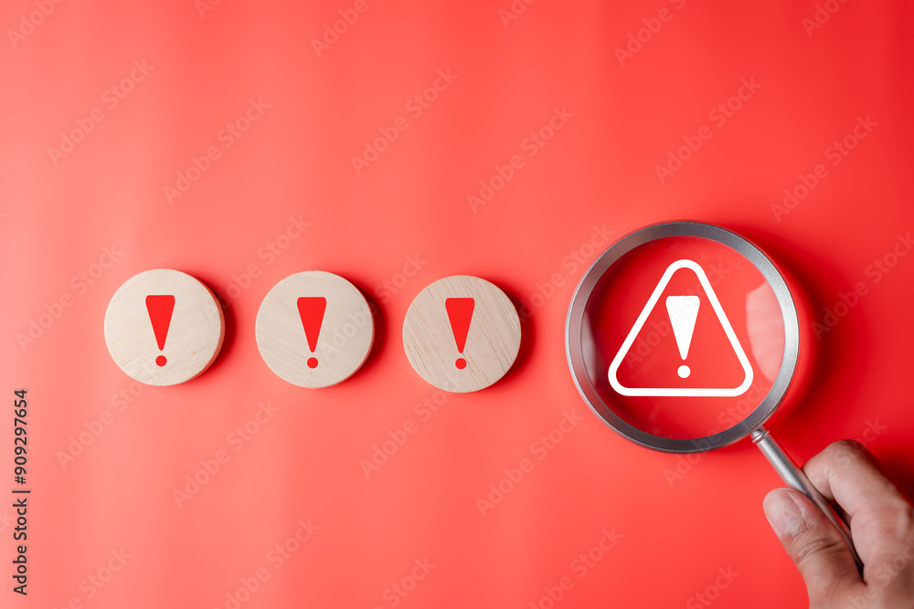 Poster System warning caution alert, scam virus attack on firewall for notification error and maintenance. Network security vulnerability, data breach, illegal connection and information danger.