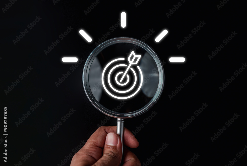 Aufkleber Magnifier glass focus to target objective with idea creative light bulb icon. planning development leadership and customer target group concept