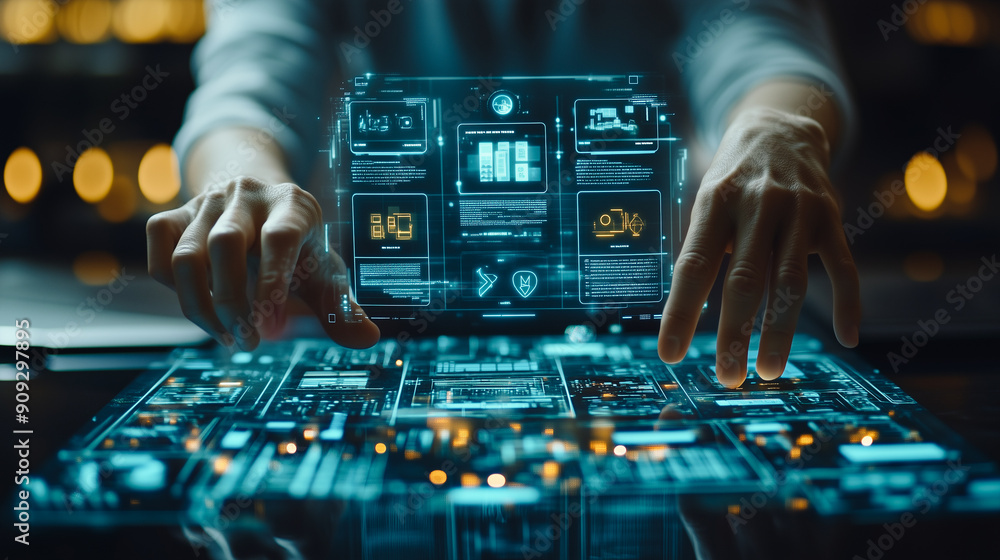 Poster hands interacting with a futuristic digital interface, highlighting advanced technology, data analys