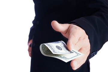 Business man holding money on white background