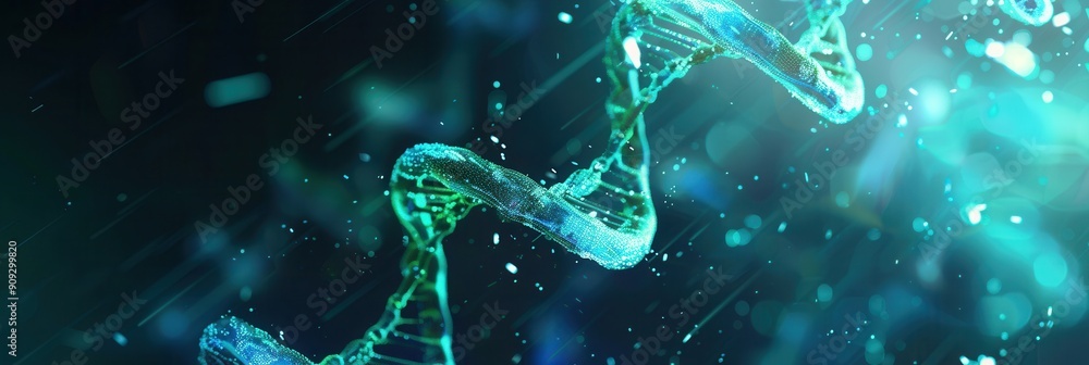 Poster an abstract depiction of a double helix dna structure illuminated by glowing particles in a captivat