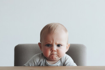 portrait of an angry baby sitting at table