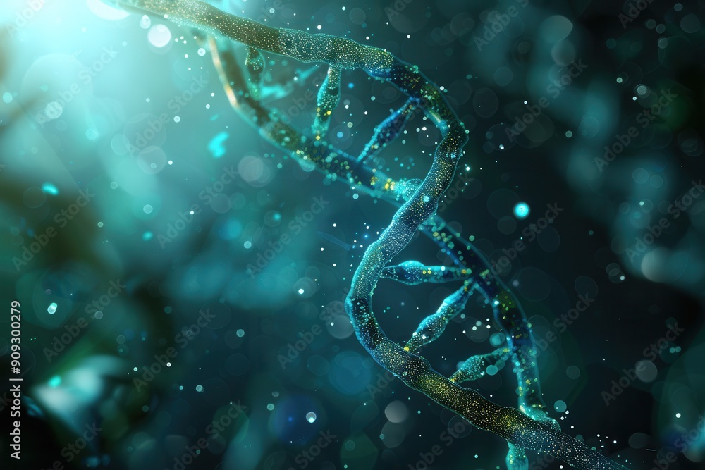 Poster an intricate double helix structure of dna glows against an abstract background, illuminated by shim