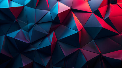 Fototapeta premium Dark abstract wallpaper with polygonal shapes in the style of 3D geometry design, blue and red geometric texture