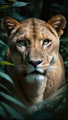 Obraz premium In the heart of the jungle, a lioness emerges from the shadows, her fierce gaze revealing the true queen of the wilderness. Every step is deliberate as she prowls her domain with quiet confidence