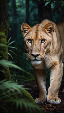 In the heart of the jungle, a lioness emerges from the shadows, her fierce gaze revealing the true queen of the wilderness. Every step is deliberate as she prowls her domain with quiet confidence