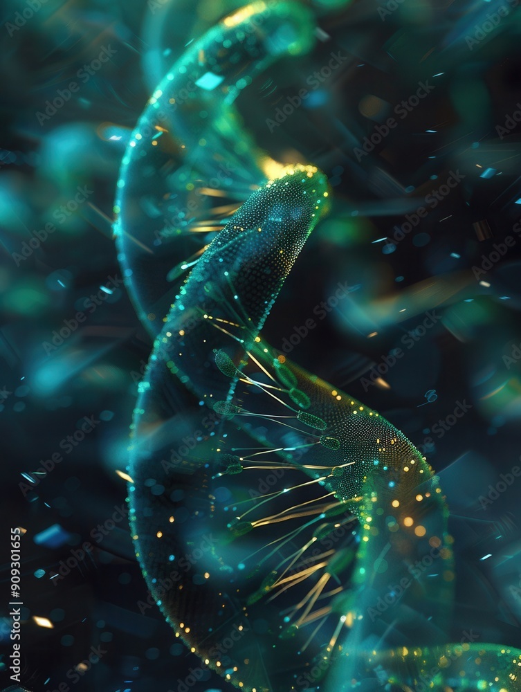 Poster an intricate double helix structure of dna is depicted against a vibrant abstract background, showca