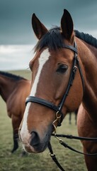 Fototapeta premium A close-up portrait of a horse with a sleek mane, surrounded by the peaceful embrace of a quiet meadow, capturing the essence of equine elegance