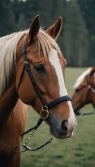 Fototapeta premium A close-up portrait of a horse with a sleek mane, surrounded by the peaceful embrace of a quiet meadow, capturing the essence of equine elegance