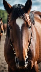 Obraz premium A close-up portrait of a horse with a sleek mane, surrounded by the peaceful embrace of a quiet meadow, capturing the essence of equine elegance