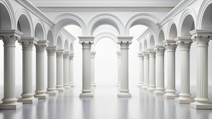 Naklejka premium Perspective of a White Column Hallway, 3D Render, White Columns and Arches, Classical Architecture, column, arch, architecture