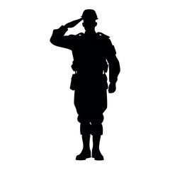 a army soildier stand and salute position, vector silhouette isolated white background