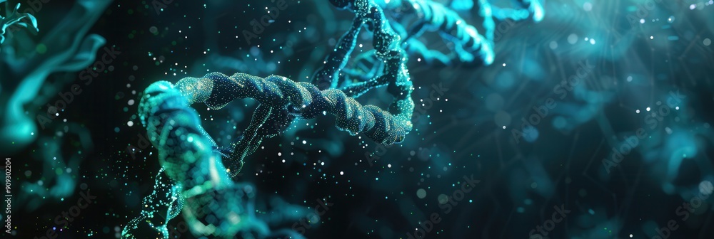 Fototapete Abstract design featuring a dynamic double helix of DNA with a colorful glowing effect, set against a dark background filled with floating particles. Generative AI