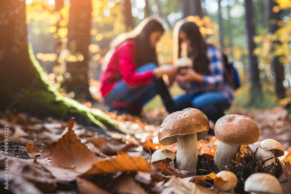 Poster Two young women are picking mushrooms in the autumn forest. Selective focus.