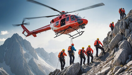 a group of climbers at the top of a rocky mountain and a rescue helicopter coming to pick them up. 50 adet olsun
