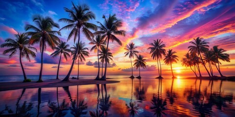 Silhouetted Palm Trees Reflecting in Vibrant Sunset Waters, Tropical , Sunset , Palm Tree , Beach