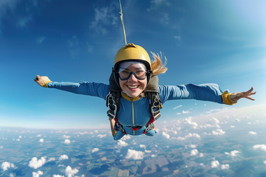 Female skydiver with parachute falling through the air