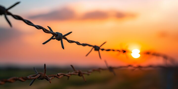 Sunset Through Barbed Wire:  A poignant silhouette of barbed wire against a vibrant sunset, capturing the conflicting emotions of hope and confinement.
