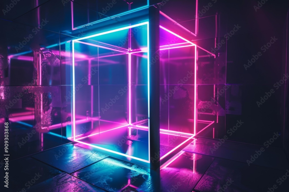 Poster abstract image of a glowing neon cube in a reflective, mirrorlined space