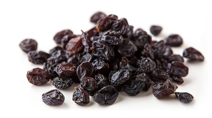   A white table with two piles of raisins