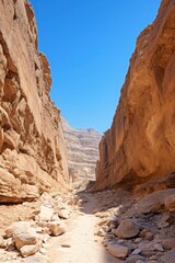 A dirt road winding between rocky cliffs in a desert landscape.