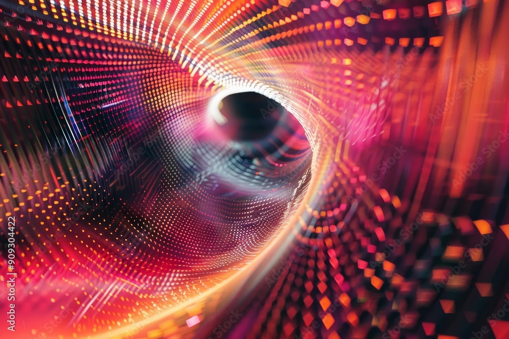 Poster dynamic 3d illustration of a futuristic abstract vibrant digital tunnel with glowing dots and lines,