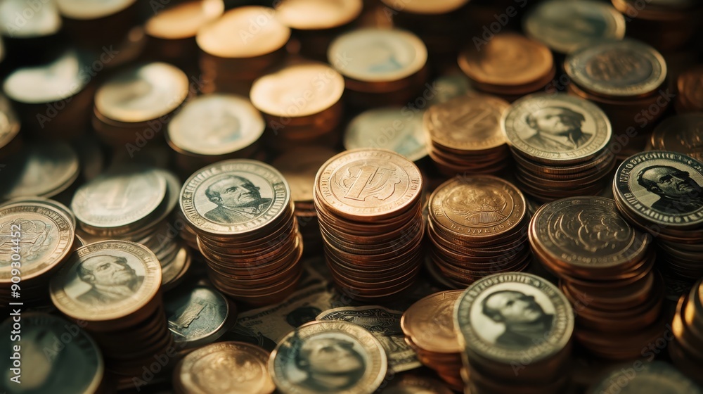Poster collection of coins and banknotes, which are forms of currency. the coins are stacked in various siz