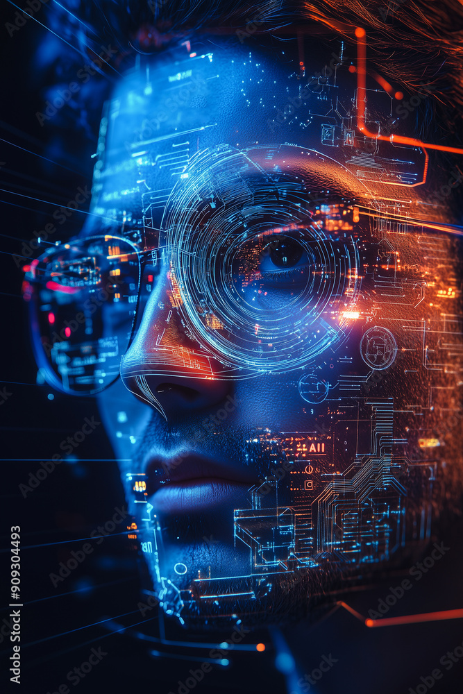 Poster a visually striking portrait of a person with digital circuitry and data overlays projected onto the