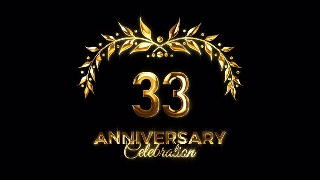 33rd Anniversary Celebration. Happy 33 Years Anniversary Animation in Gold Color on the Transparent Background, Alpha Channel. Great for greetings, celebrations, events, and gifts.