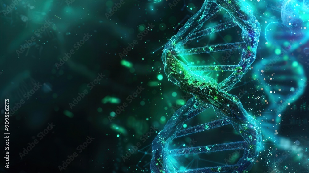 Fototapete A vibrant display of a double helix structure of DNA, illuminated in blue and green hues against a dark, abstract background filled with dynamic particles. Generative AI