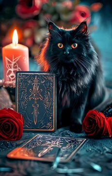 vertical slow motion video of A black cat sitting on a table with a deck of tarot cards, roses and a lit candle