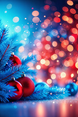Festive Christmas scene with blue pine needles, red ornaments, and bokeh lights creating a warm and celebratory atmosphere.