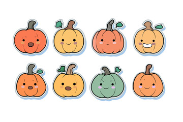 Pumpkin Character Set. Funny Cartoon style cute drawing. Different face expressions. Happy Autumn Halloween mascot with pumpkins sticker print vector illustration.