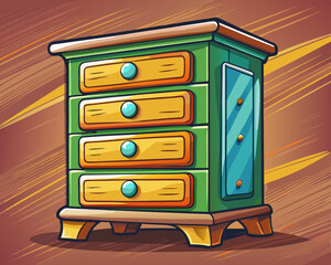 cartoon vector illustration of decorative wooden chest drawer, old vintage background