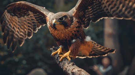 a powerful falcon's talons grasping a tree branch in a meadow